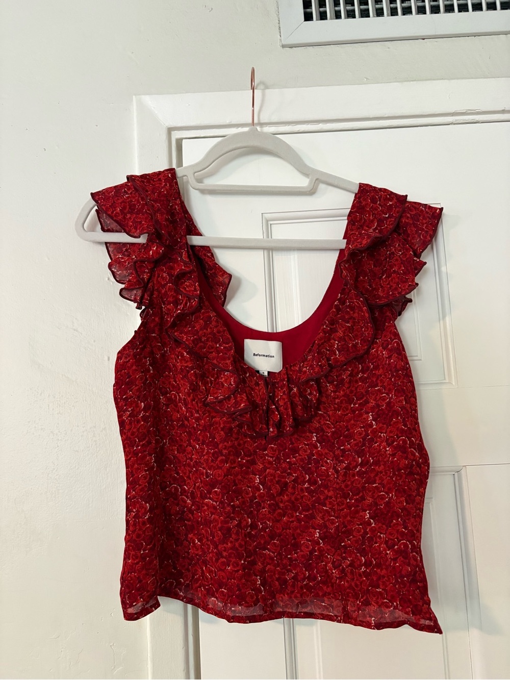 Reformation Red Floral Ruffle Blouse